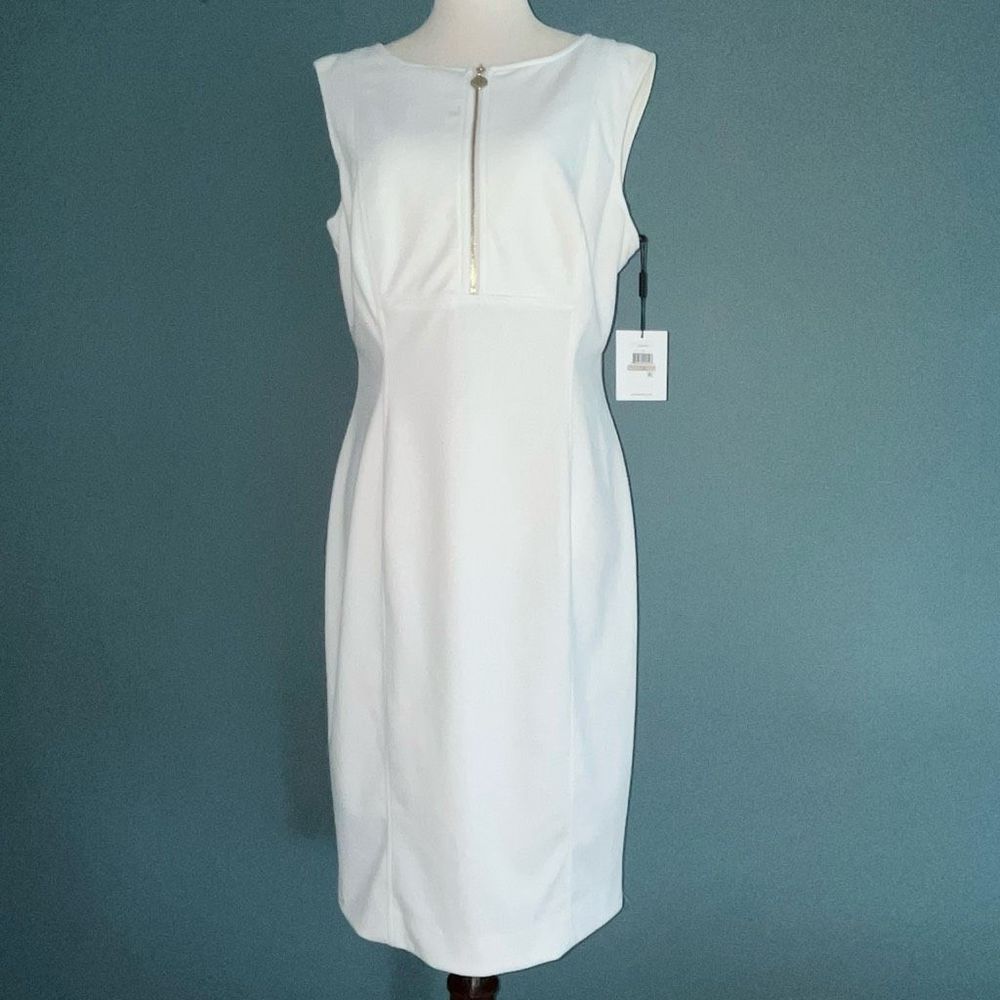 CALVIN KLEIN “IVY” SHEATH DRESS, LINED, WHITE, GOLD HALF ZIP IN FRONT | NEW | 12